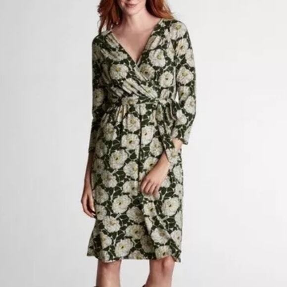 Lands' End Faux Wrap Dress Womens Size 2X Olive Floral Casual Knit *NO BELT - Picture 1 of 12